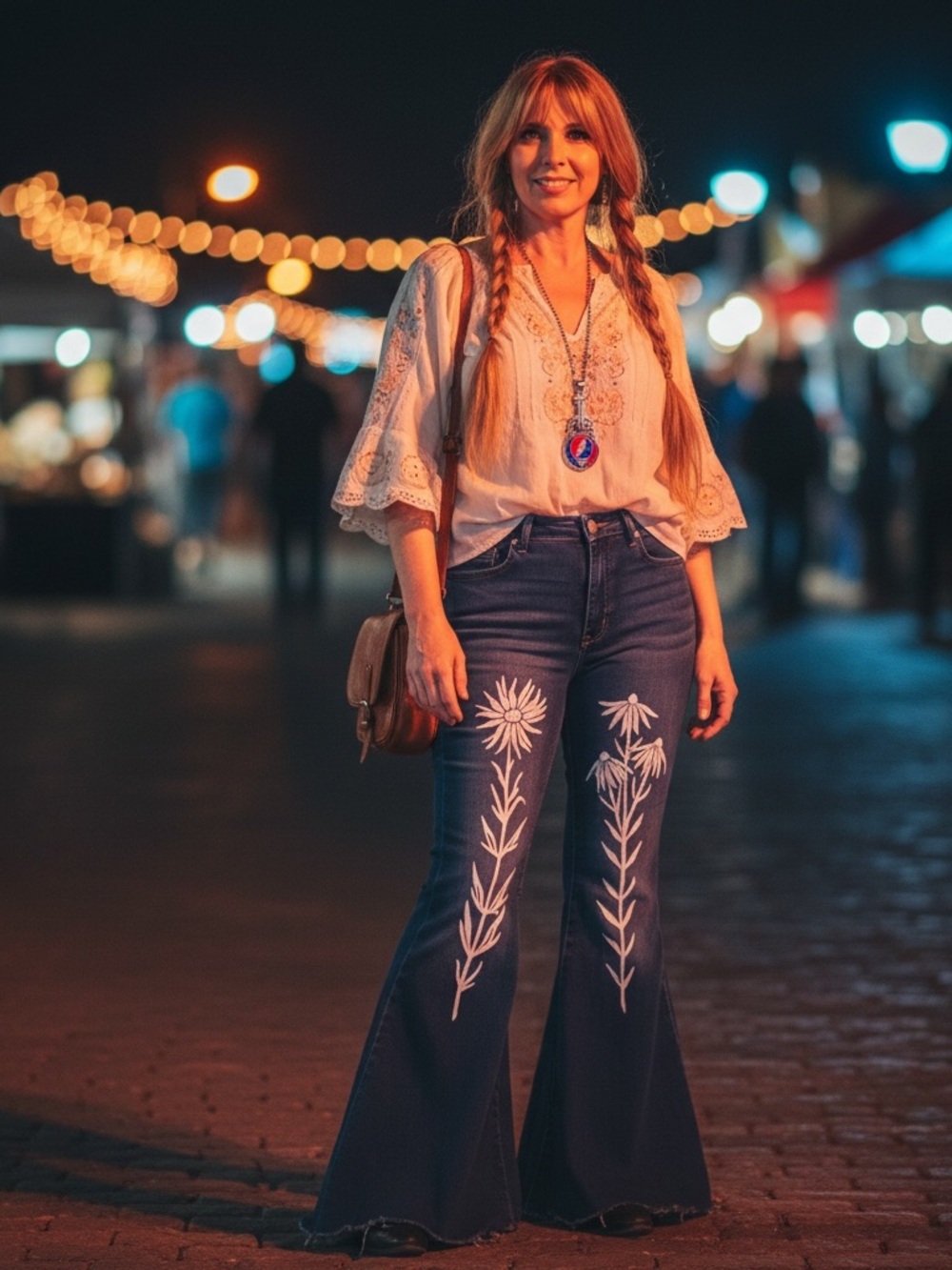 Free People Just Float on Flare Floral Bellbottom Jeans with White Flower Design